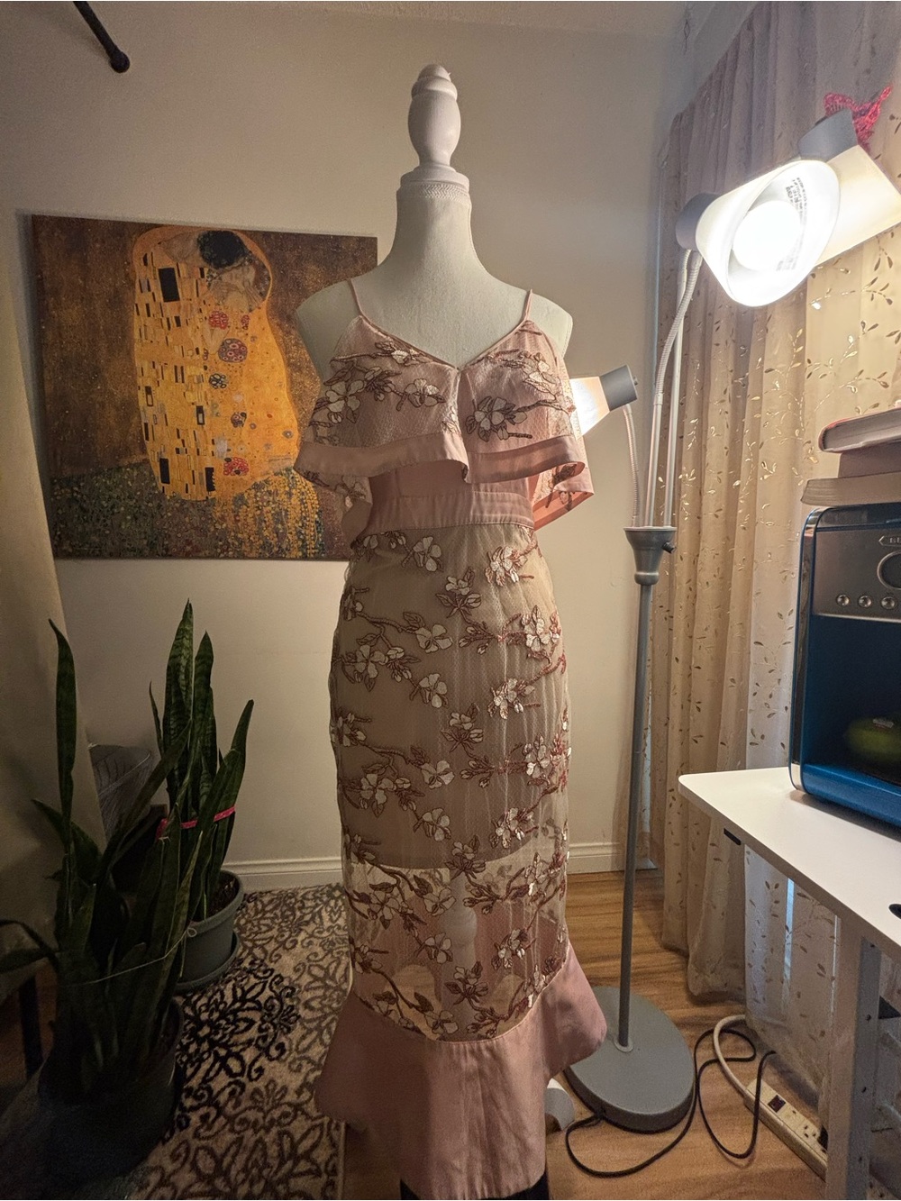 Blush Pink Floral Ruffle Midi Dress